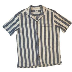 Zara Blue White Stripe Camp Shirt Men L Linen Cotton Relaxed Fit Natural Fiber